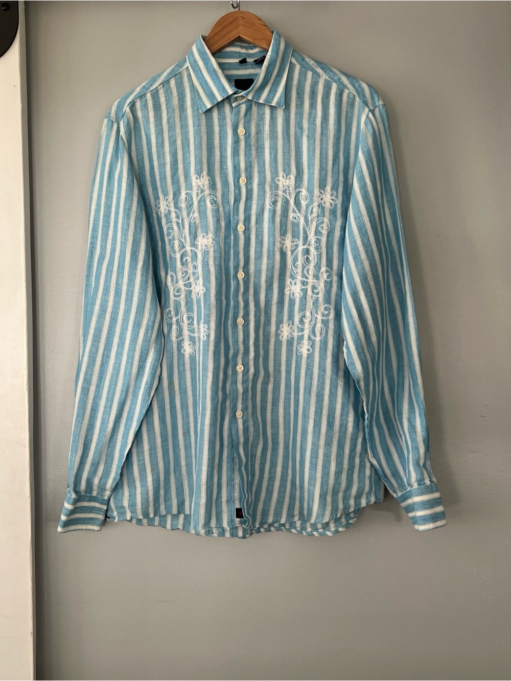 Haupt Germany Men's L Striped Linen Shirt w Embroidery Blue Button Up 41/42 16.5